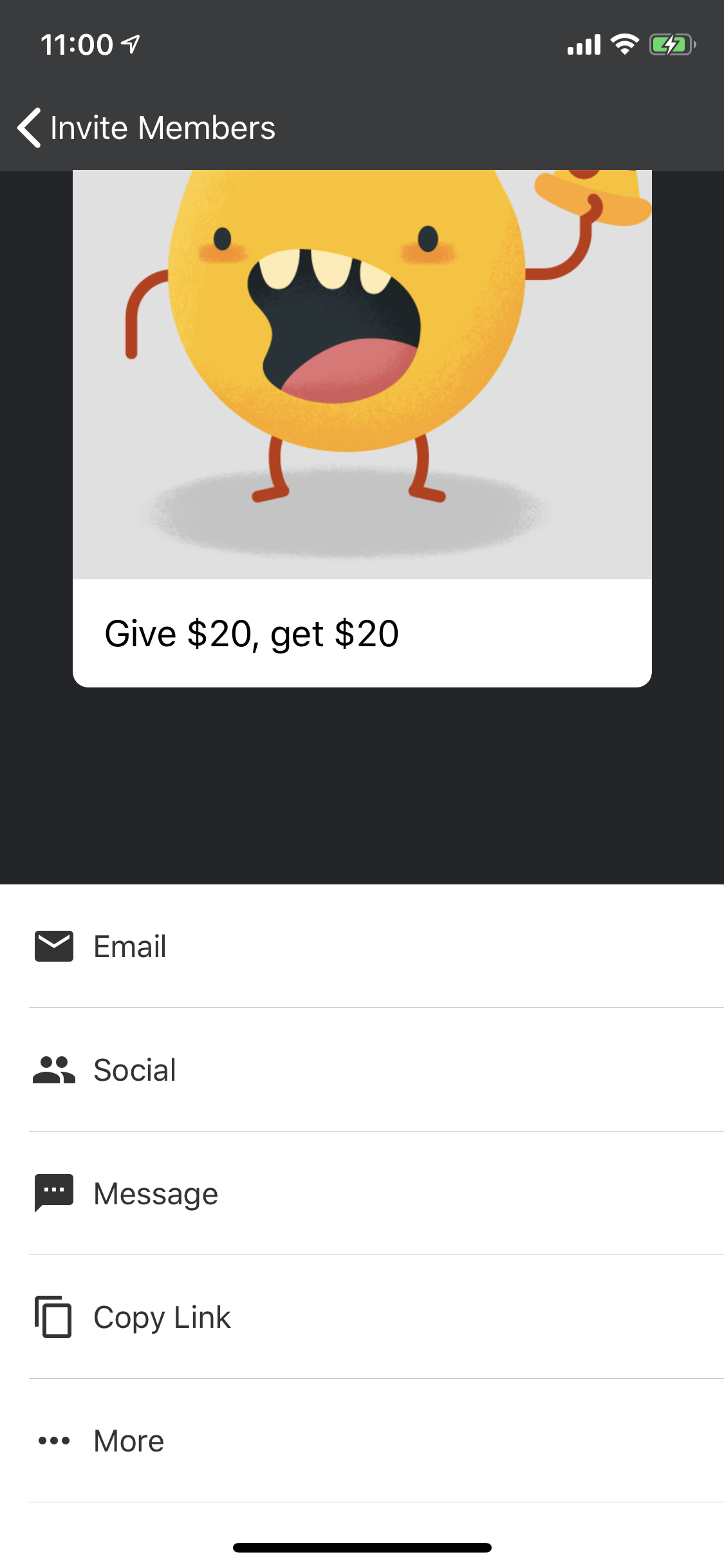Invites UI with multiple options rewarded referral screenshot