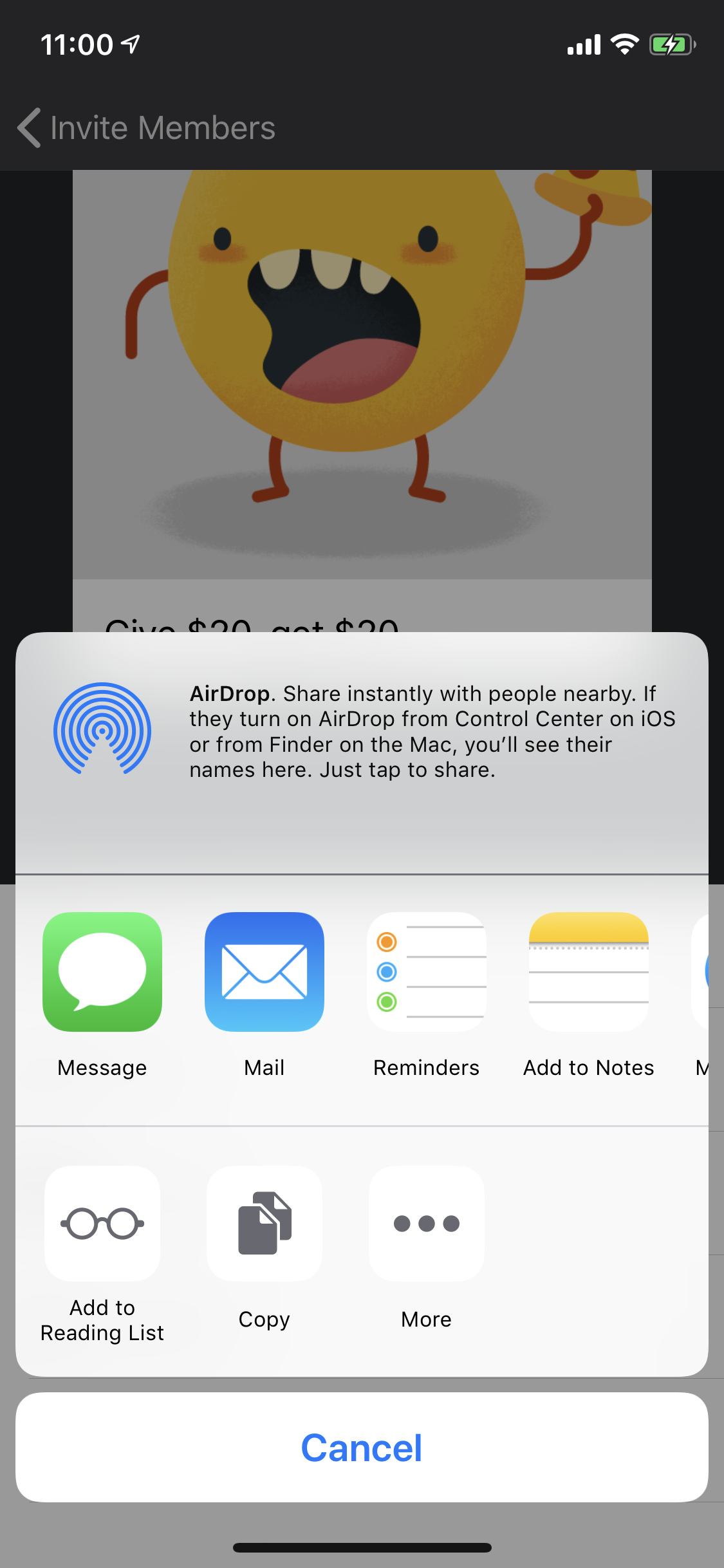 System share sheet with overflow options rewarded referral screenshot with share sheet