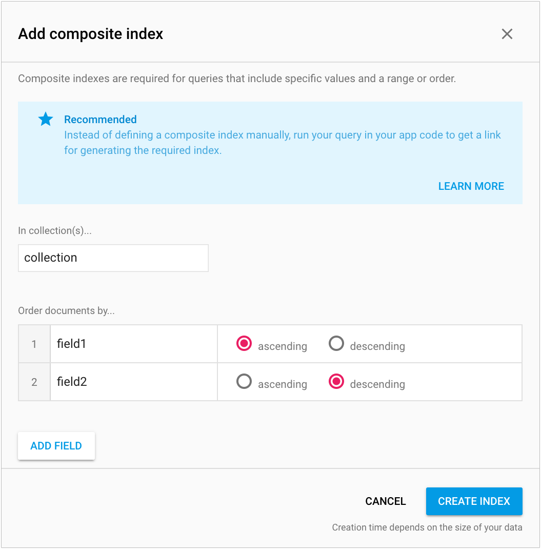 Firebase コンソールでインデックスを作成するインターフェースの画像