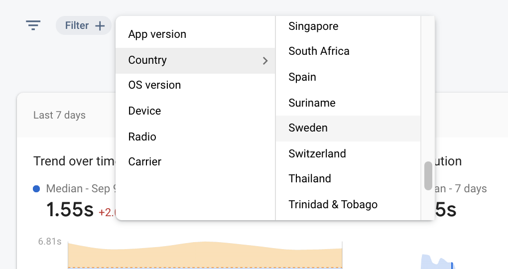 an image of Firebase Performance Monitoring data being filtered by attribute