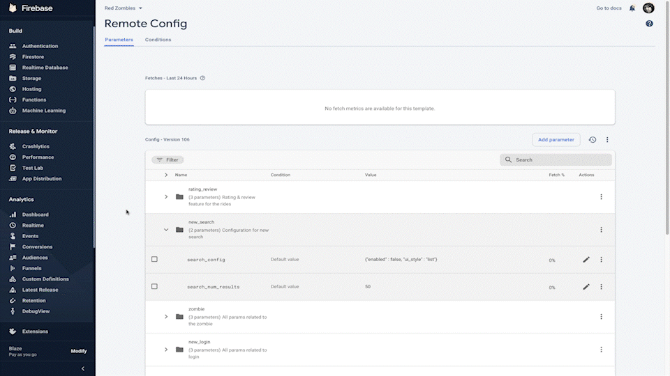 Animated image moving through the Firebase console GUI steps to perform a percentage rollout on an existing parameter