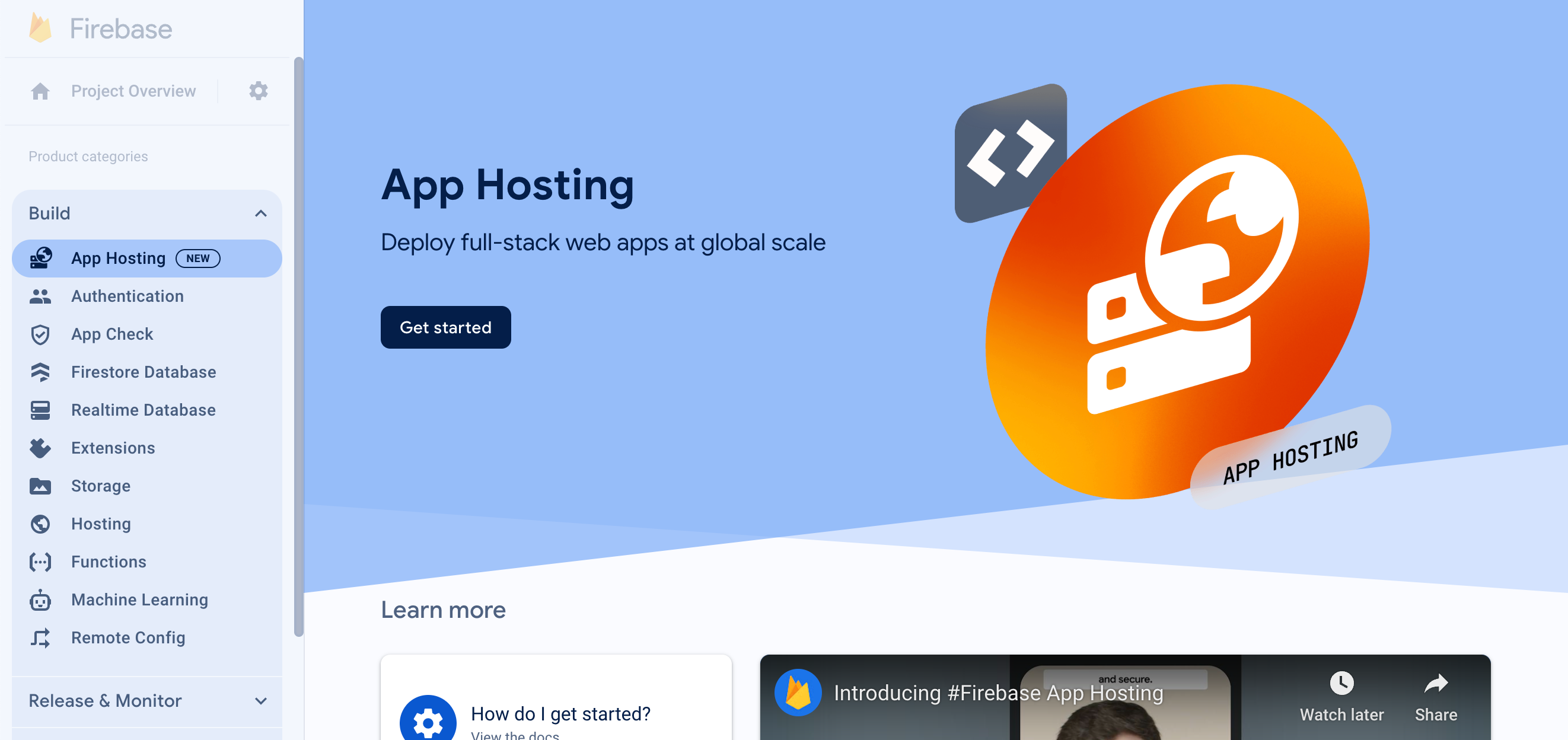 מצב אפס של מסוף App Hosting, עם לחצן 'תחילת העבודה'