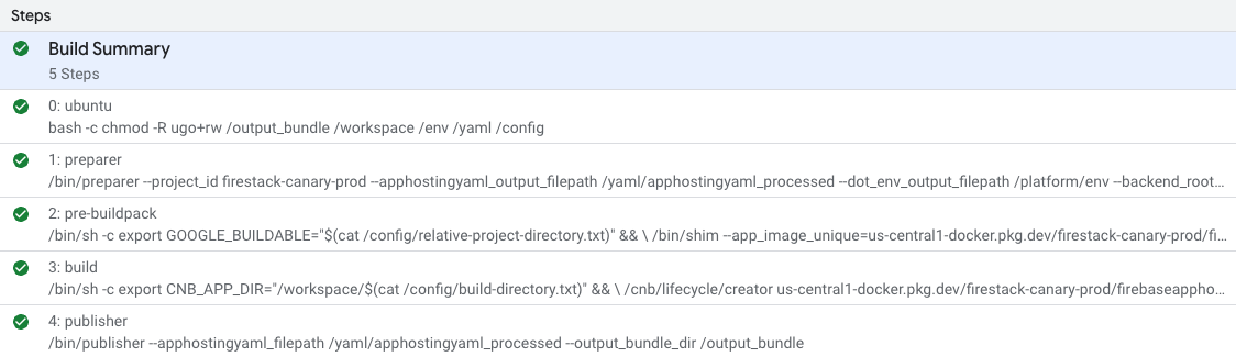 Скриншот экрана консоли Google Cloud, демонстрирующий этапы Cloud Build.