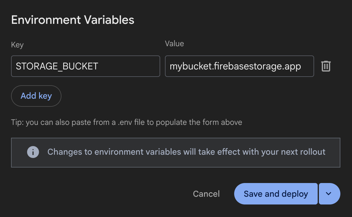 Screenshot des Firebase Console-Dialogfelds zum Hinzufügen von Umgebungsvariablen