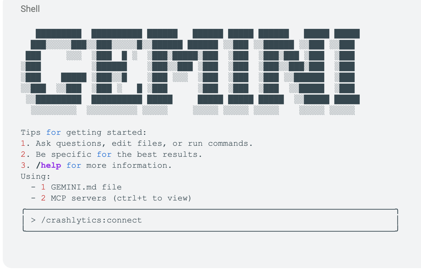 Gemini CLI mit dem Befehl „crashlytics:connect“