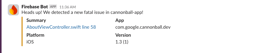 Exemple d'alerte Crashlytics envoyée à un canal Slack