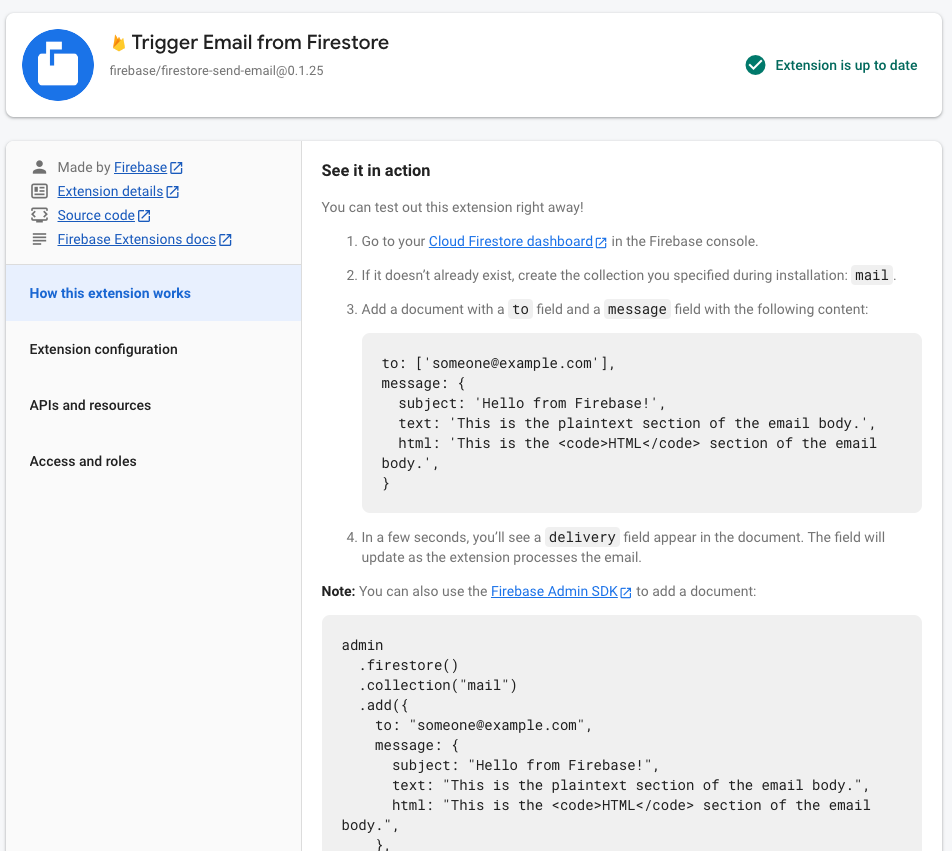 Imagen grande del contenido posterior a la instalación en Firebase console