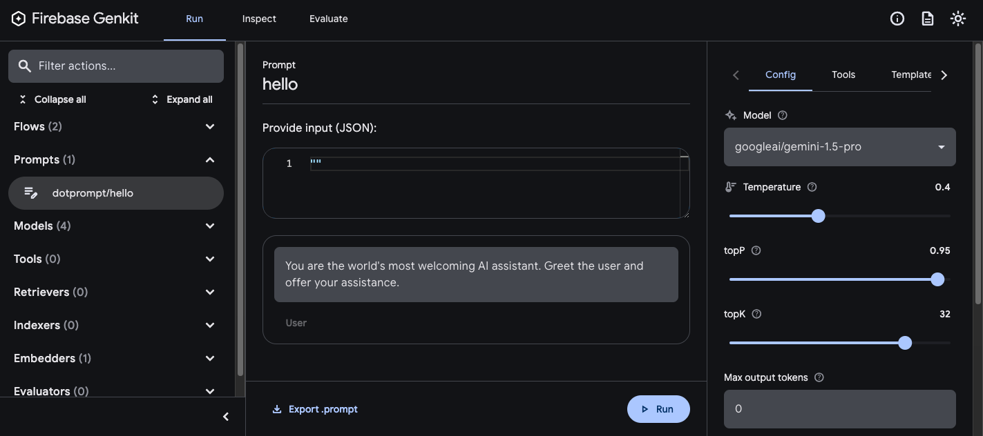Genkit developer UI prompt runner