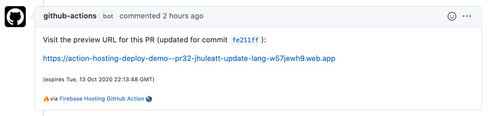 imagen del comentario de GitHub Action PR con URL de vista previa