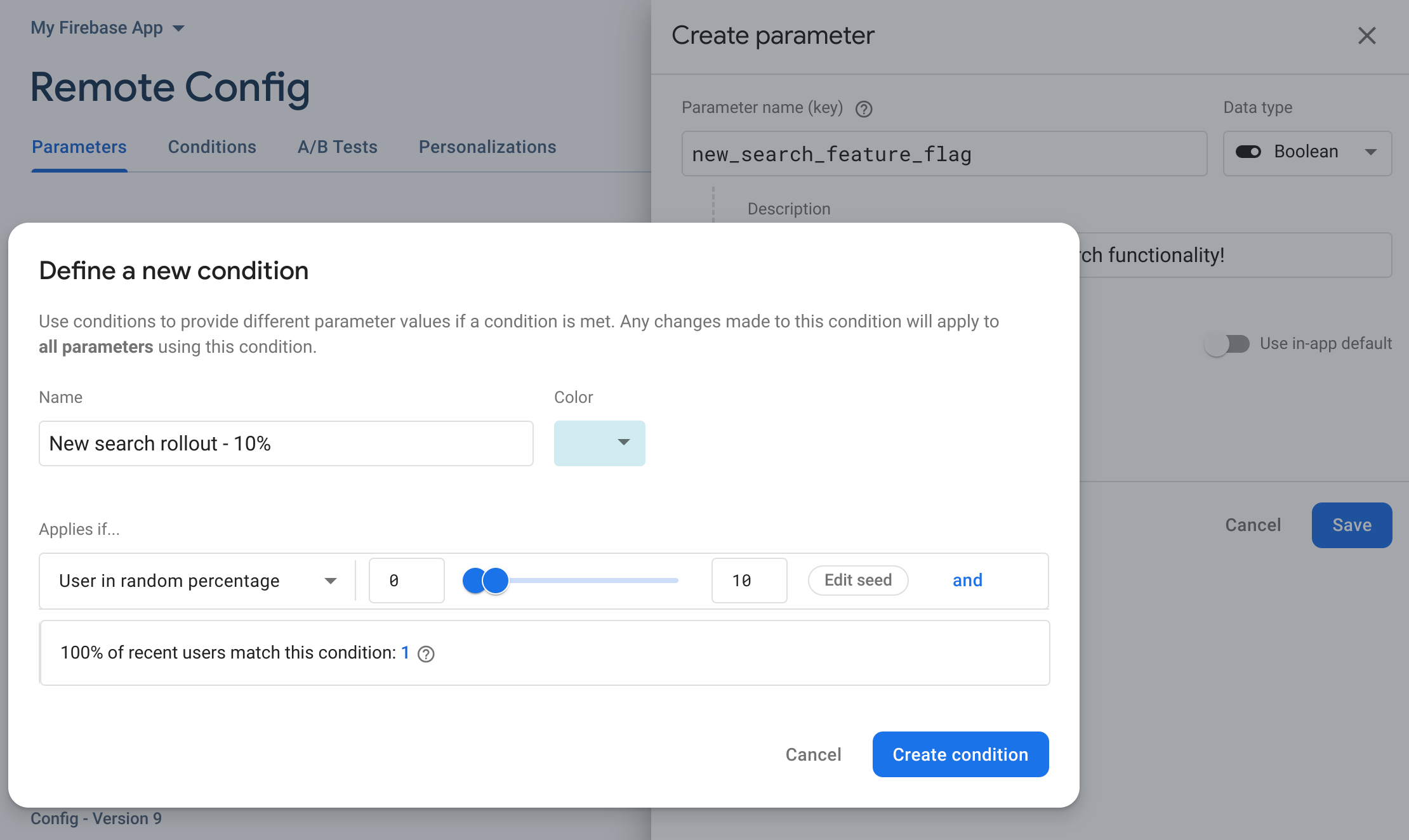 Imagen que se mueve a través de los pasos de la GUI de la consola de Firebase para realizar una implementación porcentual en un parámetro existente