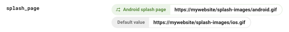 Firebase konsolundaki "splash_page" parametresinin ekran görüntüsü. Bu görüntüde, iOS için varsayılan değeri ve Android için koşullu değeri gösteriliyor.