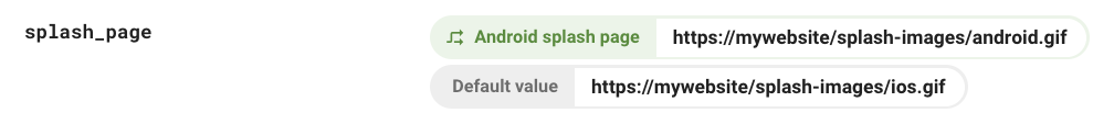 Captura de pantalla del parámetro “splash_page” en Firebase console que muestra su valor predeterminado para iOS y el valor condicional para Android