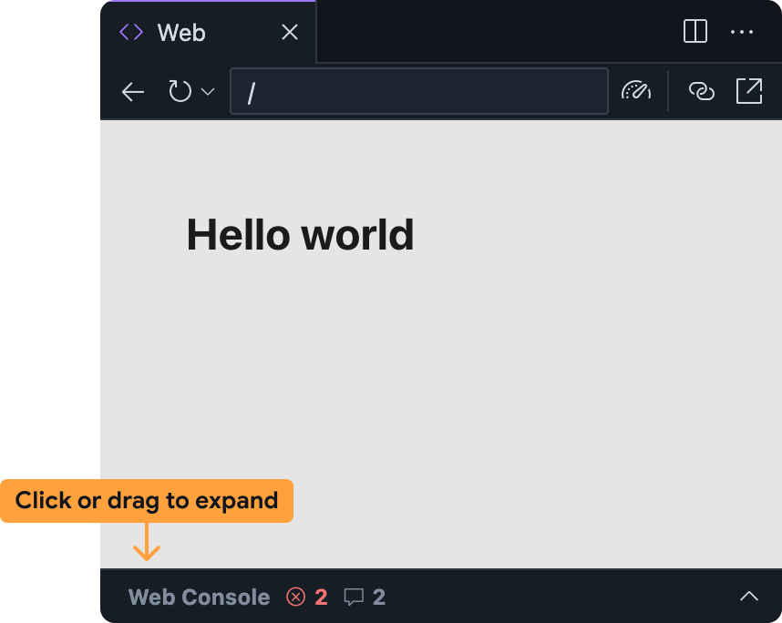 Firebase Studio ウェブ プレビューで最小化されたコンソール バー