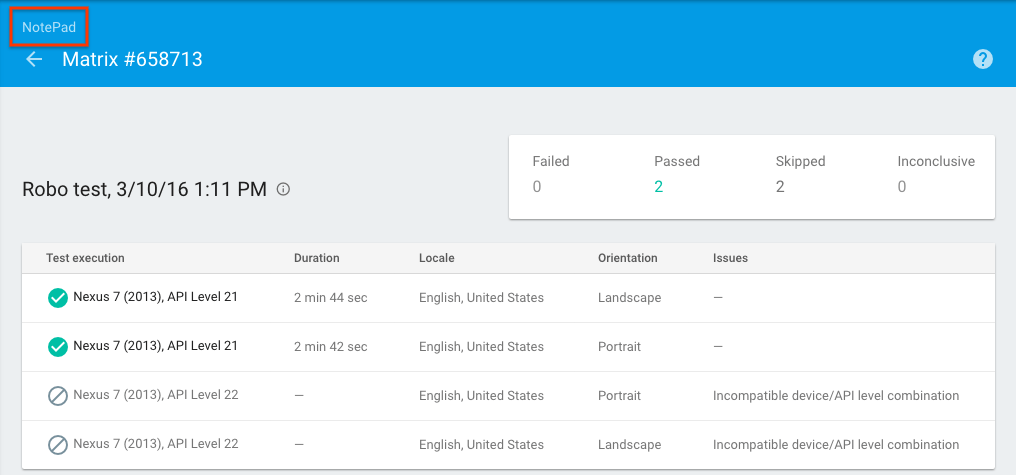 نتایج ماتریس تست